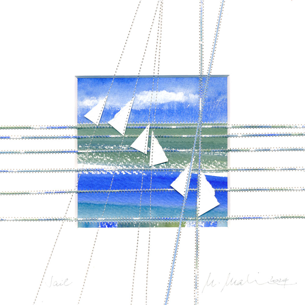 "Herbst am Strand"<br />
Genähte Collage|Aquarell